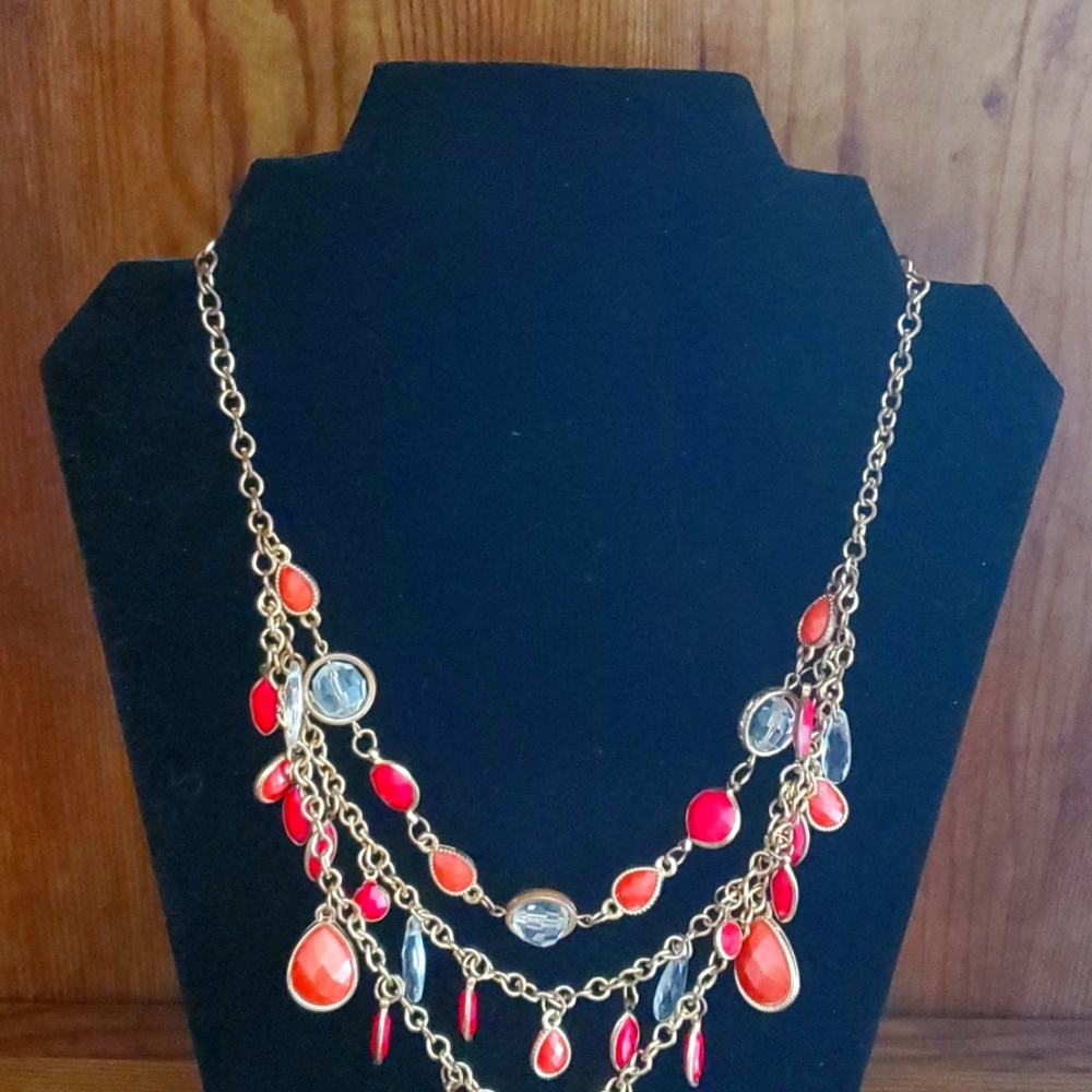 Red acrylic novelty beads on gold tone chain